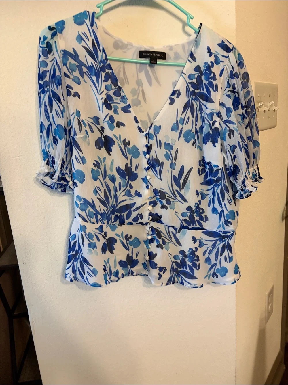 Banana Republic White Blouse with Blue Floral Print